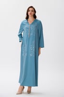 جلابية ستان ازرق بترولي مع إكسسوار