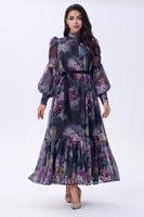 فستان شيفون بنقشة زهور وأكمام منفوخة