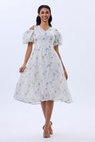 فستان كلوش قطن لون اوف وايت بنقشة الزهر الازرق