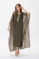 جلابية شيفون زيتي مزينة بتطريز ذهبي