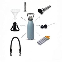 A comprehensive package containing 7 products: a case with strap, a splash-proof drinking and pouring cover, an ice mold, a pressure cover, a filter, and a funnel. 56 Riyals.