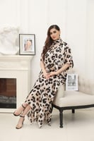 جلابية بيج شيفون بربطة على الياقة فري سايز