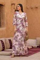 فستان تول استرتش بطباعة ورد مخمل - أكمام ساترة