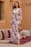 فستان تول استرتش بطباعة ورد مخمل - أكمام ساترة