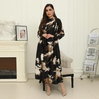 فستان ساتان ميدي مشجر باكمام قصيره