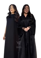 بكج عباية سوداء كلوش تفتة حرير بالورد البارز و فست...