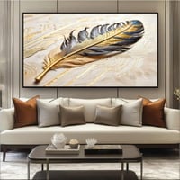 لوحة فنية جدارية على قماش تصور ريشة ذهبية وسوداء و...