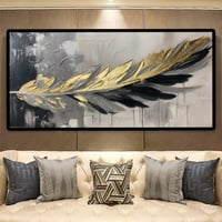 لوحة فنية تجريدية تُظهر ريشة واحدة بألوان ذهبية وف...