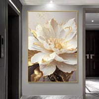 لوحات فن تجريدي زهرة كبيرة باللونين الأبيض والذهبي...