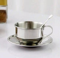 طقم فنجان قهوة معدني مع طبق وملعقة مقاوم للصدأ