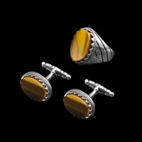 خاتم و كبكات فضة عيار 925 بحجر عين النمر الفريد