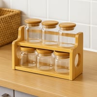 منظم بهارات خشبي + 6 برطمانات زجاجية