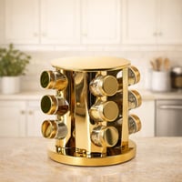 منظم بهارات ذهبي دوار + 12 علبة زجاجية بأغطية ستيل