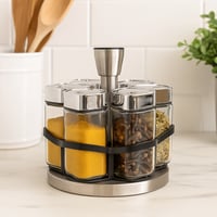 منظم توابل دوار ستيل + 6 علب زجاجية سعة 100 مل