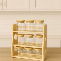 منظم بهارات خشبي + 9 برطمانات زجاجية