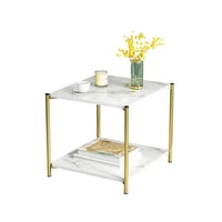 طاولة جانبية رخامية بطابقين وبإطار ذهبي أنيق من اك...
