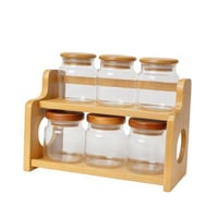 منظم بهارات خشبي + 6 برطمانات زجاجية