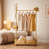 ستاند ملابس ذهبي متحرك متين + 6 خطافات + مساحة تخز...