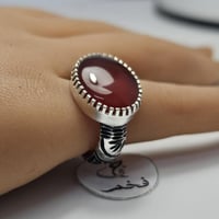 خاتم ملكي فضه نقش يدوي نادر حجر عقيق احمر طبيعي يم...