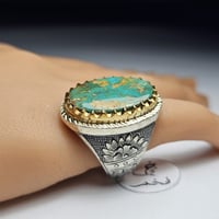 خاتم فضه تصميم فخم نقش يدوي حجر فيروز نيشابوري اير...