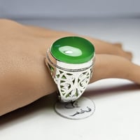 خاتم فضه فخم حجر عقيق اخضر تفاحي يمني طبيعي نادر