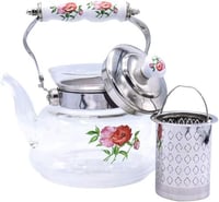 ابريق براد شاي زجاجي مدور مع غطاء وحامل ومصفى من ا...