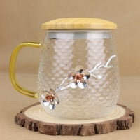 كوب زجاجي مزخرف بغطاء خشبي بأستيل 430 مل