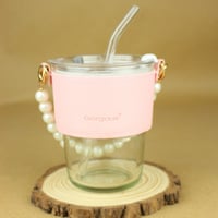 كوب قهوة للمشروبات الباردة بمسكة جلد وردي وتعليقة...