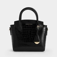 Croc-Effect Trapeze Structured Tote Bag - black