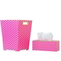 سلة مهملات مع علبة منديل لون وردي وأبيض