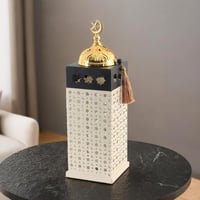 مبخرة رمضان مع إضاءة وغطاء ذهبي - ابيض واسود