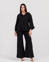 طقم كتان قطعتين - أسود