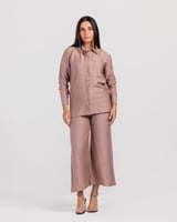 طقم كتان قطعتين بأكمام طويلة- كافية غامق