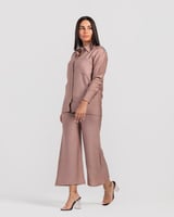 طقم كتان قطعتين بأكمام طويلة- كافية غامق