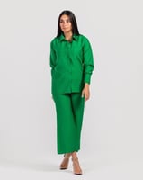 طقم كتان قطعتين بأكمام طويلة- أخضر صارخ