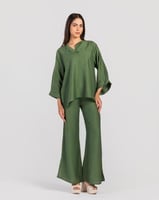 طقم كتان قطعتين - زيتي