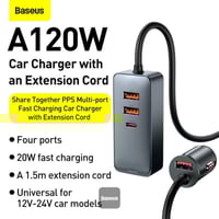 شاحن سيارة Baseus 120W مع 4 منافذ سريعة الشحن (3 U...