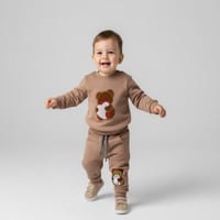 طقم اطفال من قطعتين قطني برسمة دب - بني