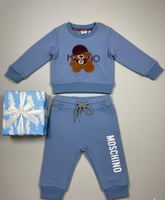 طقم أطفال دافئ ببلوزة وبنطال قطني - سماوي