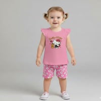 طقم اطفال قطعتين تي شيرت طبعة هيلو كاتي مع شورت ور...
