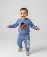 طقم أطفال دافئ ببلوزة وبنطال قطني - سماوي