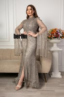 فستان سهرة مزين بالفصوص بفتحة من الأمام لون رمادي