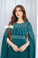 فستان سهرة فيروزي مطوي بالكامل بحزام لامع وأكمام ف...