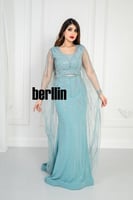 فستان سهره مطرز بأكمام اوف شولدر لون سماوي