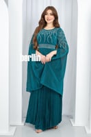 فستان سهرة فيروزي مطوي بالكامل بحزام لامع وأكمام ف...