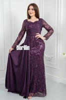 فستان سهرة موف بتطريز ترتر مع تصميم أنيق وأكمام شف...