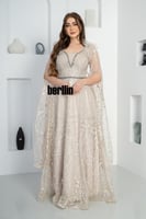 فستان سهره تول مطرز بتصميم كيب لون بيج