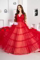 فستان سهره طويل تول مميز بالطبقات لون احمر