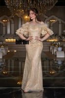 فستان سهرة شامبانيا رفرفة الذهب بريش فاخر وتطريز ك...