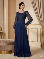 فستان طويل كورسيه كحلي بأكمام الدانتيل